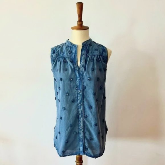 Anthropologie Tops - NWT Anthropologie Pilcro Chambray Sleeveless Eyelet Beaded Sequin Top - Small
